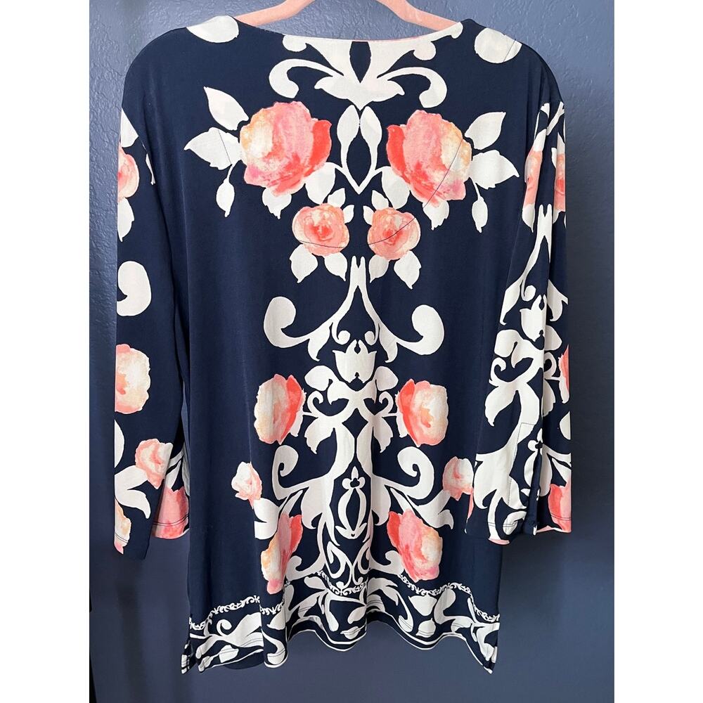 JM Collection Navy Floral Scroll Print Top Lace-Up Chain Detail 3/4 Sleeve Large - Picture 3 of 6